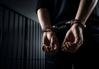 Arrested Person with Hands Cuffed Behind Back in Jail Cell Close-Up


