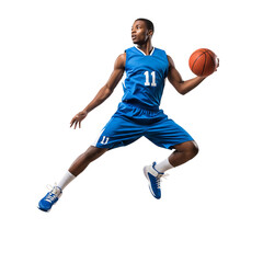 Young african american basketball player dribbling and jumping isolated on transparent background
