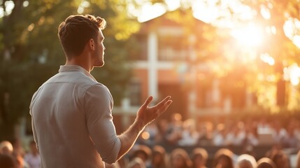 Public speaker engaging audience during sunset at an outdoor event in a park setting