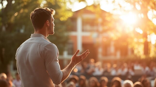 Public speaker engaging audience during sunset at an outdoor event in a park setting