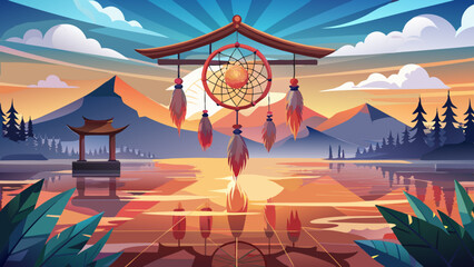 A handmade dreamcatcher hangs in front of a sunrise-lit tipi, feathers swaying in morning breeze. Far east, a vermilion Shinto Torii gate rises from still waters, mirrored perfectly in the lake below,