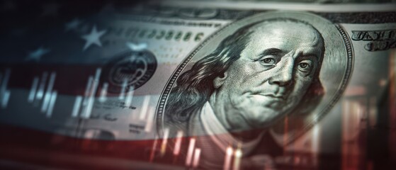 The American dollar bill featuring Benjamin Franklin on a financial background.