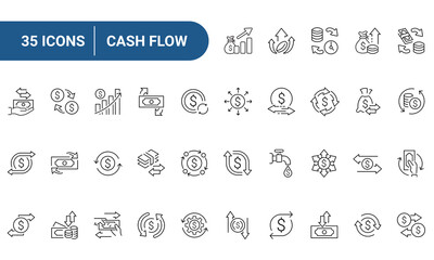 Cash Flow Web Icons Set in Line or outline Style related to Cash Flow. Icons For Web and Mobile App. Linear icons collection. Editable stroke. Vector illustration