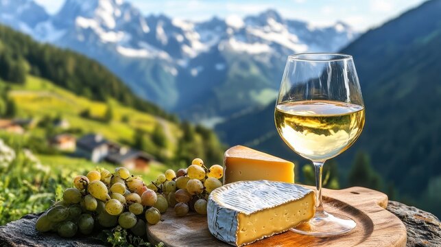 Wine Glass Mountains. Savoy Cheese Platter and White Wine with Alpine Peaks Background