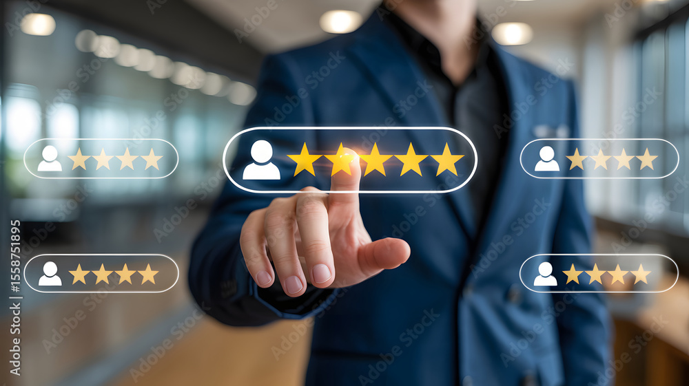 Poster customer feedback is displayed on a screen with a client scoring the service, showing satisfaction a