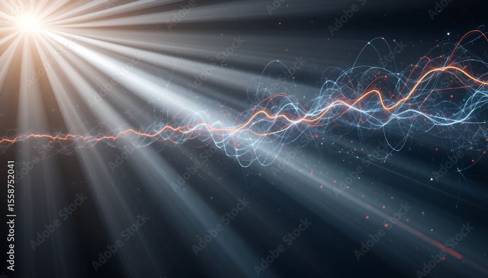 Poster an abstract, luminous waveform glows brightly, emitting radiating rays in a digitally generated, dyn
