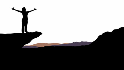 Silhouette of a person standing on a cliff with arms outstretched against a mountain range landscape view