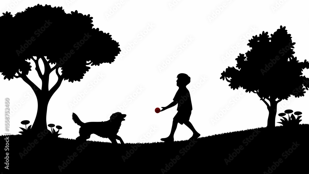 Poster silhouette of a boy playing ball with a dog in a park with trees on a sunny day with grass and flowe