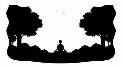 Silhouette of person meditating in lotus position between trees under bright light in the background