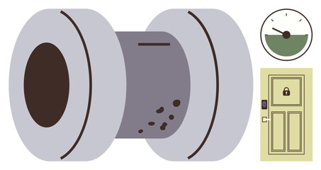 Metal cylindrical safe with combination slots, secure locked door, and countdown timer highlights security. Ideal for safety, time management, data protection, finance, innovation, emergency