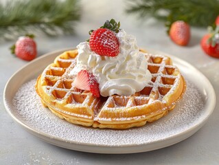 A golden waffle with whipped cream, strawberries, and a dusting of powdered sugar, served on a white plate