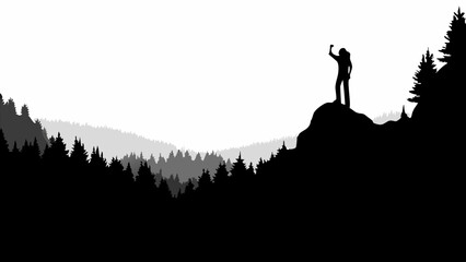 Silhouette of a hiker on a mountain peak with a raised fist and a forest landscape in the background