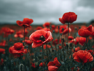Fototapeta premium Field of Red Poppies in Full Bloom Under a Cloudy Sky