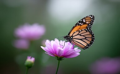 Upon a bright pink flower, a monarch butterfly with vibrant orange and black wings rests with poise, complemented by softly blurred green foliage that generates a natural, serene ambiance in the