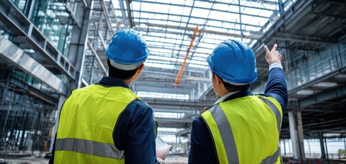 The construction workers examining project plans at a busy construction site.