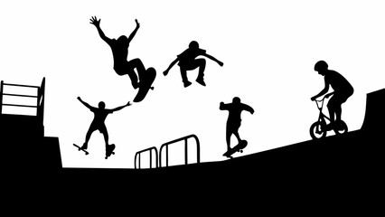 Silhouette illustration showcasing skateboarders and a bmx rider performing tricks in a skatepark area