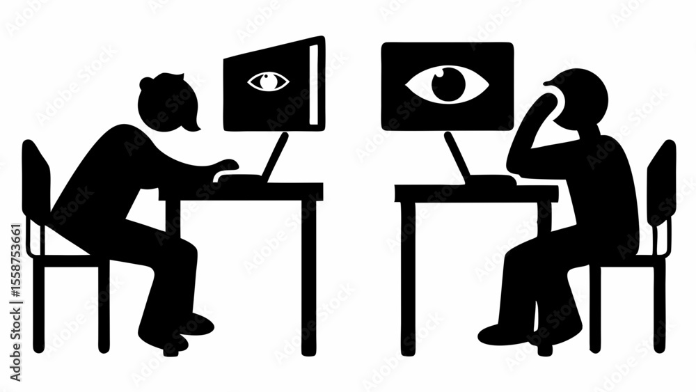 Poster two people sitting at desks with computers displaying eyes in a black and white vector illustration 