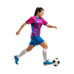 Young woman soccer player in pink and blue uniform kicking ball isolated on transparent background