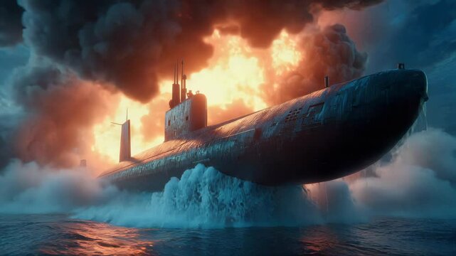 A modern military submarine erupts in a catastrophic explosion, with intense flames and smoke engulfing the vessel on the ocean surface