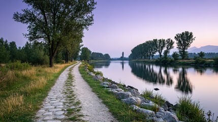 Peaceful river path lined with trees at dawn.