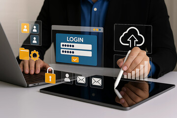 Businessman Using Digital Interface for Secure Login, Cloud Data Management, and Virtual Technology in Modern Workspace