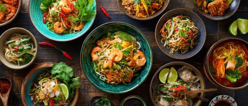 The delightful arrangement of diverse noodle dishes garnished with fresh ingredients.