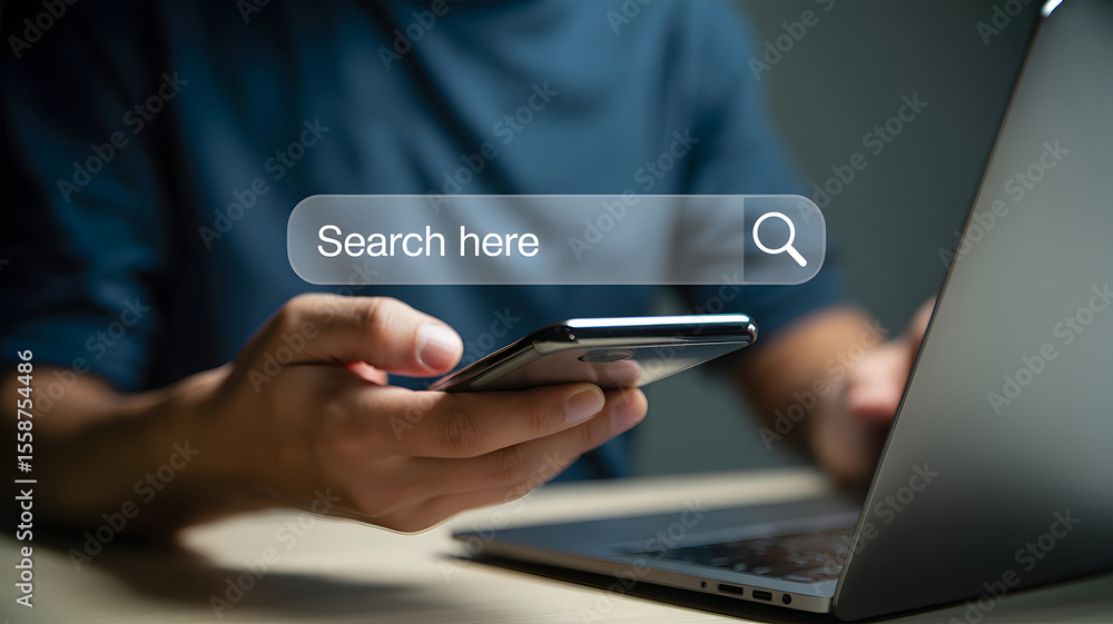 Poster businessman uses search on phone with laptop for online information and data access in the digital a