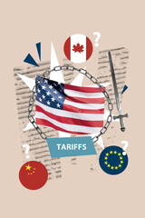 Sketch image trend 3D collage of metla chain america flag sword attack china canada tariffs...