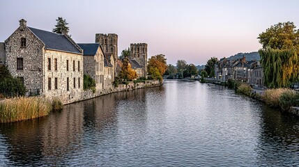 Obraz premium Stone buildings line a calm river at dawn.