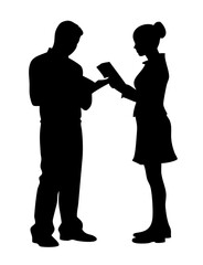 Silhouette of man and woman standing while reading books, side profile vector illustration
