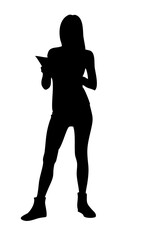Woman reading in upright standing pose, side profile black silhouette vector
