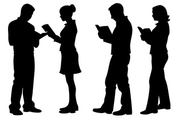 Silhouette of man and woman standing while reading books, side profile vector illustration
