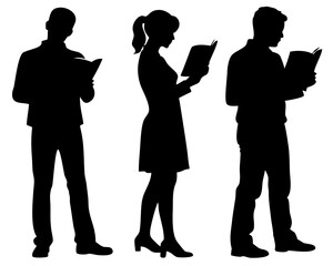 Man and woman reading together while standing, black silhouette vector on transparent background
