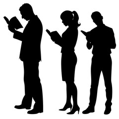 Casual silhouette of man and woman with books, standing and reading vector scene

