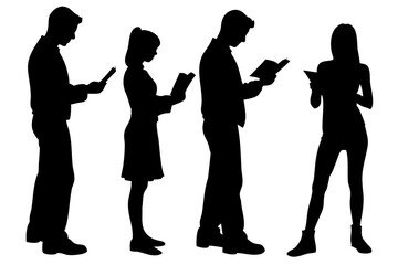 Standing man and woman reading silhouette, simple vector with transparent background
