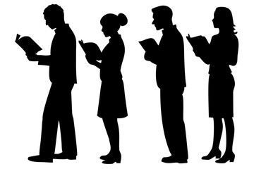 Vector of male and female reading while standing, side view silhouette for educational themes
