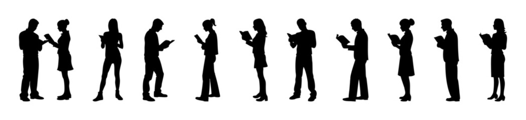Silhouette of man and woman reading books in standing pose, side profile vector illustration
