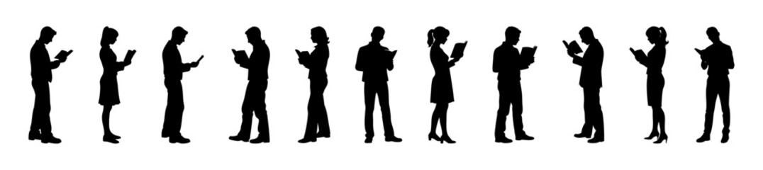 Vector of male and female upright with books, reading in standing pose, clean silhouette style
