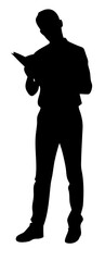 Casual silhouette of man with book in hand, reading in standing position, vector illustration
