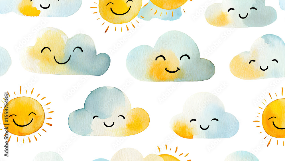 Poster watercolor smiling suns and fluffy clouds pattern on black background isolated on a transparent back