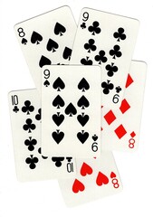 A random selection of playing cards isolated on a white background.