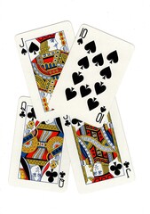 A random selection of playing cards isolated on a white background.