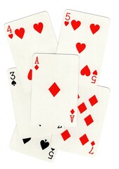 A random selection of playing cards isolated on a white background.