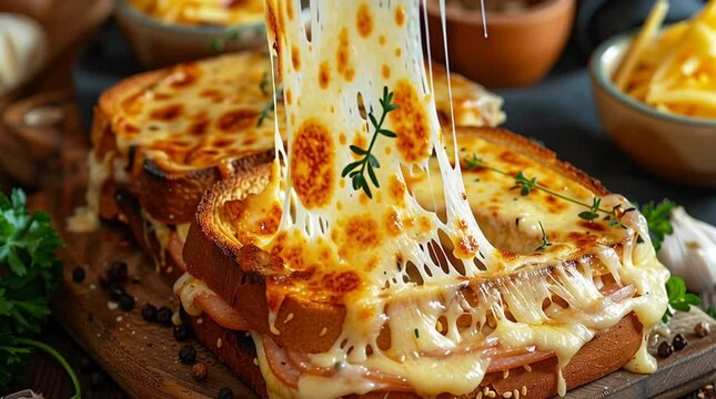 A delicious croque monsieur with melted cheese being cut by a knife