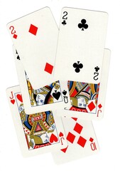 A random selection of playing cards isolated on a white background.