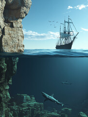 Obraz premium Sharks swimming near rocks underwater with a galleon sailing near cliffs above the surface