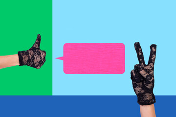 Banner full image art collage of hand show bubble communication icon speech conversation talk...