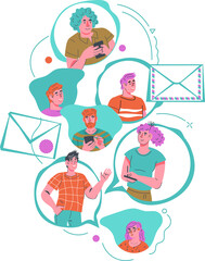People communicate and send messages, email in online messenger. Banner design for social media messenger, video call or online chat.