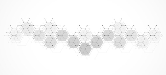 Health care or medical abstract background with hexagons, lines and dots. Scientific innovation banner template concept. Biology and pharmaceutical technology background. Vector illustration.