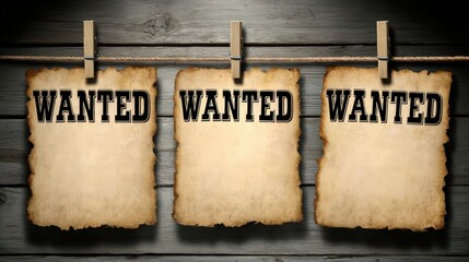Three blank, burnt-edged wanted posters hang on a rustic wooden wall, each clipped by a clothespin to a horizontal rope.